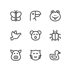 Animal icon set including butterfly, toucan, frog, dove, koala, bug, pig, cat, duck.