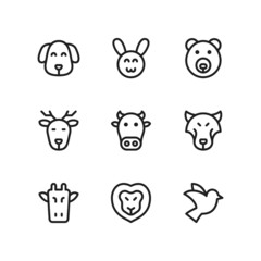 Animal icon set including dog, rabbit, bear, deer, cow, wolf, giraffe, lion, bird.