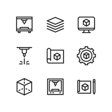 3d printing icon set including printer, manufacturing, layer, computer, laser, prototype, modelling, cube, machine.