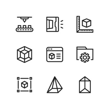 3d printing icon set including printer, factory, handheld, measure, cube, model, software, settings, cube, geometry, prism.