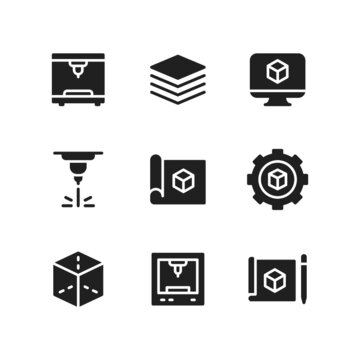 3d printing icon set including printer, manufacturing, layer, computer, laser, prototype, modelling, cube, machine.