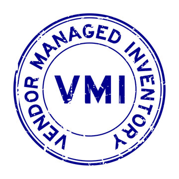 Grunge blue VMI (abbreviation of vendor managed inventory) word round rubber seal stamp on white background