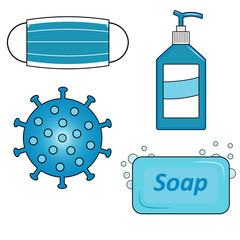 Covid clean, hand sanitizer, soap, face mask, virus