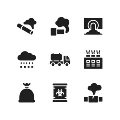 Pollution icon set including cigarette, exhaust, waste, river, acid rain, oil truck, industry, plastic, nuclear, gas leak.