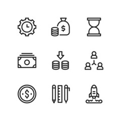 Startup icon set including time management, investment, deadline, budget, fund, deposit, teamwork, coin, stationery, rocket launch.