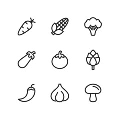 Vegetables icon set including carrot, broccoli, corn, eggplant, tomato, harvest, artichoke, chili, pepper, garlic, onion, mushroom.