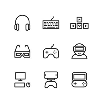 Video game icon set including headphone, keyboard, keypad, 3d glasses, gamepad, joystick, virtual reality, pc, smartphone, console.