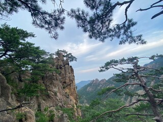 A view of a steep cliff from Towangsan Falls Observatory at Seoraksan National Park in Sokcho, South Korea.
