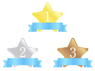 Gold, silver and bronze medals of star shape with blue ribbon. Vector illustration.