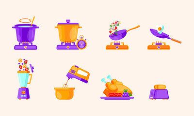 Vector illustration of cooking instruction in flat style. Suitable for cooking a step by step infographics, recipe, ingredients. Mixer, bake chicken, fry, and bake.
