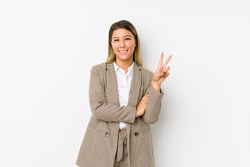 Young caucasian business woman isolated showing number two with fingers.