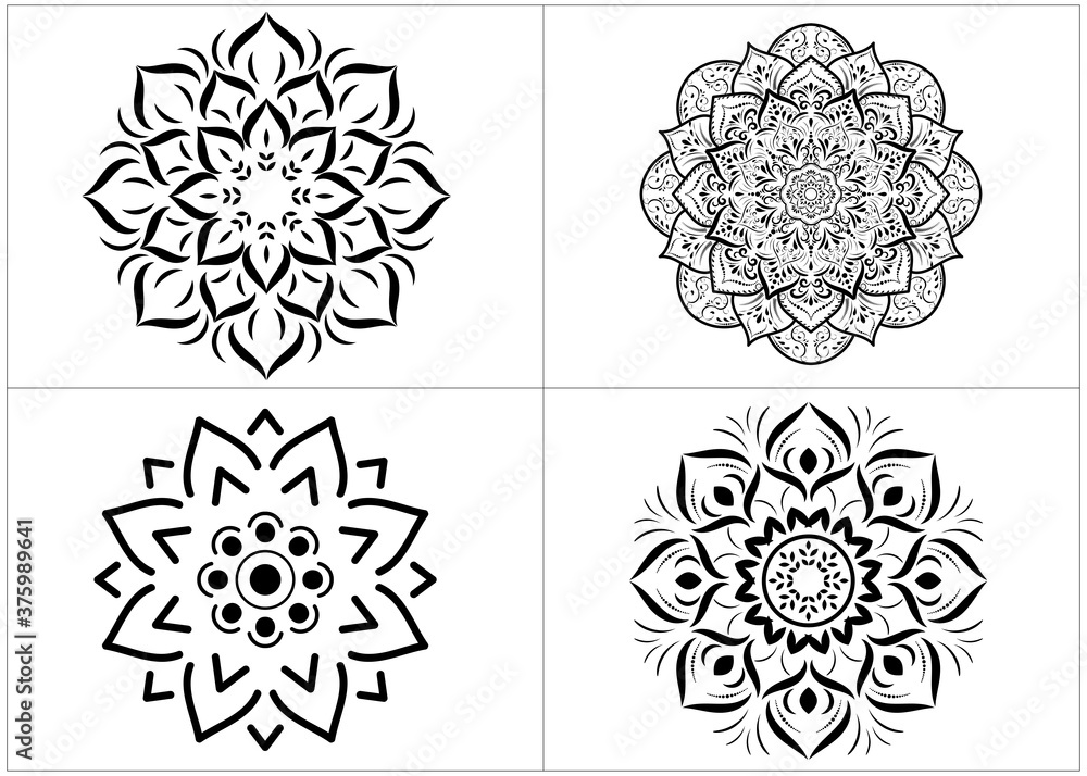 Wall mural Set of round mandalas isolated on white background. Vector Monochrome Set of Mandalas with floral ornament pattern, Ethnic Decorative Element, Mandala template for page decoration cards, book, logos