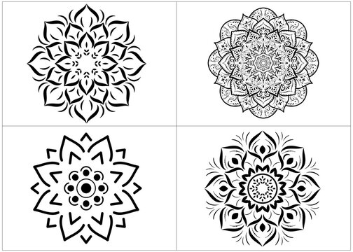 Set of round mandalas isolated on white background. Vector Monochrome Set of Mandalas with floral ornament pattern, Ethnic Decorative Element, Mandala template for page decoration cards, book, logos