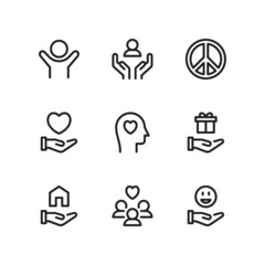 Charity icon set including volunteer, support hand, peace, kindness, give, love, donation, gift, shelter, people, community, happiness.