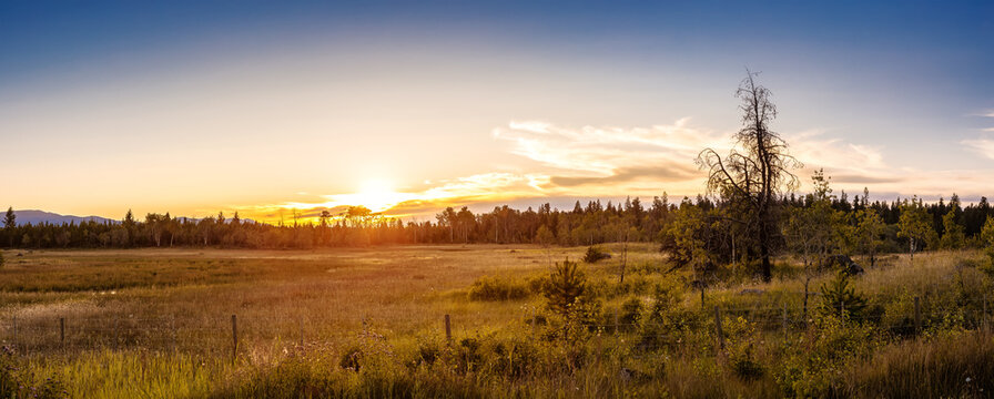 Panoramic View of a Beautiful Canadian Landscape during a Sunny Summer Sunset. Taken near Clinton, British Columbia, Canada.