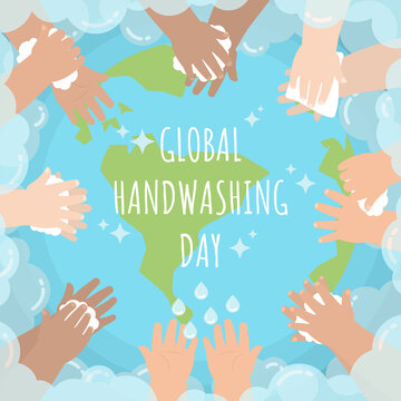 Hands Of Kids From Several Races Washing And Wiping Around The Globe Surrounding By Soap Bubble In Flat Cartoon Style For Global Handwashing Day