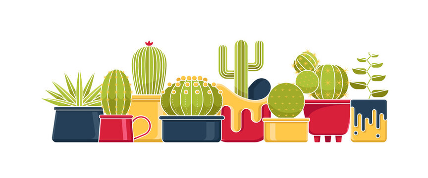 colorful potted cacti plants, flat design, white background clip art preview