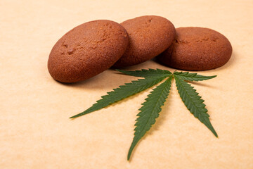 cannabis sweets,marijuana cookie and green leaf close up
