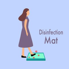 Woman walking on disinfection mat to clean shoe from Covid-19 coronavirus and bacteria. Healthcare concept vector illustration.	