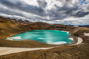 Stora-Viti, a crater lake at Myvatn area, north part of Iceland, on a cloudy day.