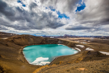 Stora-Viti, a crater lake at Myvatn area, north part of Iceland, on a cloudy day.