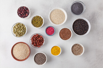 Healthy food clean eating selection: berry, seeds, nuts, superfood, cereals. Health and super food to boost immune system high in antioxidants, anthocyanins, minerals and vitamins.