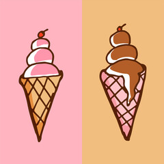 two ice cream cone icons, vector illustration. hand drawn vector. modern scribble for kids, sticker, clip art, wallpaper, greeting card. colorful doodle art. simple sketch with pen. cartoon style. 