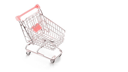 Cart market. Food shopping basket for retail market. Empty trolley cart for supermarket isolated on white background. Minimalism style. Square crop. Creative design.