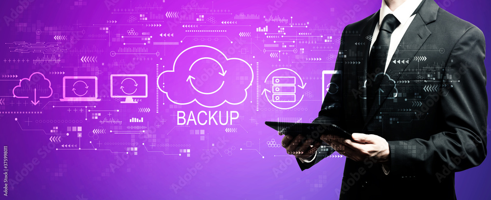 Poster backup concept with businessman using his tablet computer