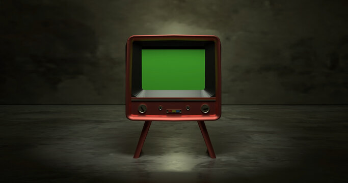 Vintage TV Television Green Screen, old television vintage style, 3D Rendering.