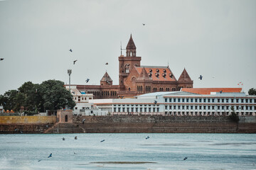 Scenic view of Hamirsar lake with Pragmahal Palace at time of evening. At Bhuj, Gujarat, India	