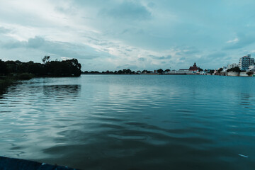 Scenic view of Hamirsar lake with Pragmahal Palace at time of evening. At Bhuj, Gujarat, India