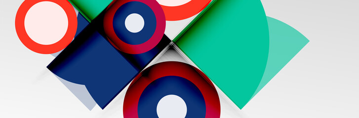 Bright color circles, abstract round shapes and triangles composition with shadow effects. Vector modern geometric design template