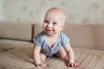 Cute happy and healthy 6 month baby boy on sofa, natural colours, home lifestyle