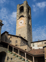 Bergamo, Italy. The old town. Landscape at the clock tower called Il Campanone. It is located in the main square of the upper town