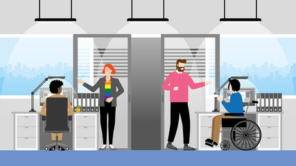 Obraz premium Diversity multicultural skill of people talking in office workplace. LGBT, transgender, Gay, Black lady, Handicapped, Nationalities, Genres. Collaboration working together and Equality concept.