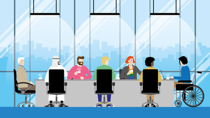 Collaboration of diversity people in  office meeting room. LGBT, transgender, Gay, Muslim, Handicapped, Black lady, Different ages, Nationalities, Genres. Equality concept in workplace.