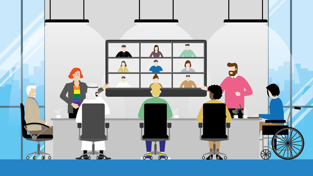 Collaboration of diversity multicultural skill people video conference in office meeting room. LGBT, transgender, Gay, Muslim, Handicapped, Different ages, Nationalities, Genres. Equality concept .