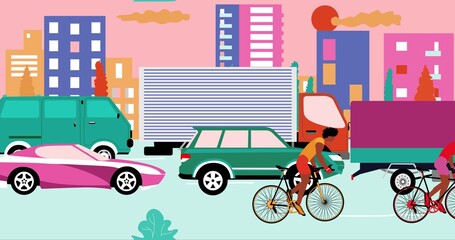 African American cyclists are riding bicycle on road with traffic jam in the city. Cartoon , flat design