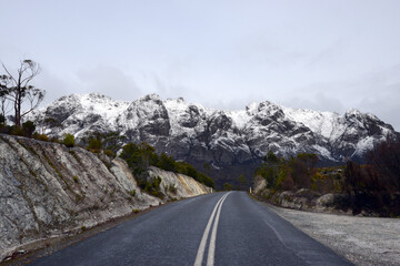 Mountain road leading towards the Sentinel Range in Southwest Tasmania, Australia