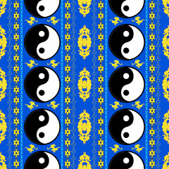 Bohemian ethnic seamless pattern with yin yang symbol and oriental ornaments. Asian vibes.