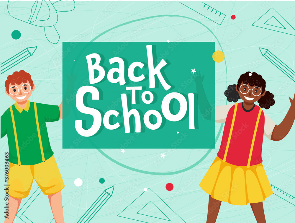 Sticker paper cut back to school text with cheerful student boy and girl character on green education elemen