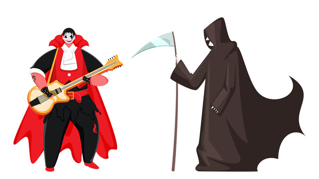 Cartoon Vampire Man Playing Guitar and Grim Reaper Character on White Background.