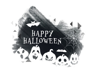 Happy Halloween Text with Spooky Pumpkins, Spider Web, Flying Bats and Black Brush Stroke on White Background.