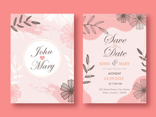 Floral Pink Wedding Invitation Card, Template Layout with Event Details in Front and Back View.