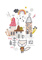 Cute forest village. Childish vector illustration with fox, mushrooms, houses, snails, butterflies and rainbow. Design for poster, card, bag and t-shirt, cover. Baby style.