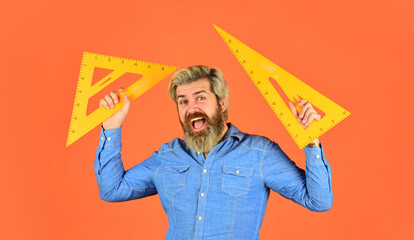 precision measurement tool. man use triangle. math or mathematics. Stem education concept. study...