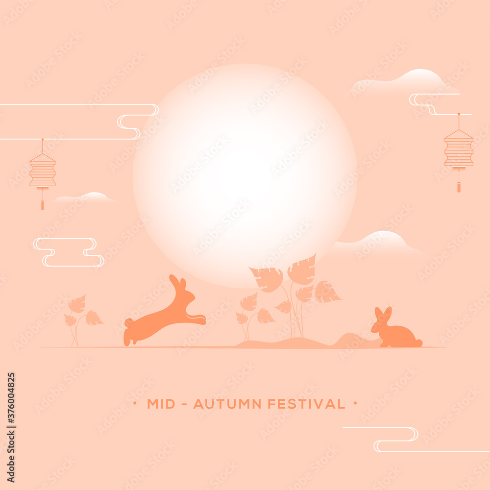 Poster Mid Autumn Festival Celebration Concept with Silhouette Bunnies, Plants and Glossy Full Moon on Pastel Peach Background.