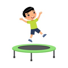 Little asian boy jumping on trampoline flat vector illustration. Happy sportive child having fun, playing. Preteen cheerful child enjoying game, childhood activity. Isolated cartoon character on white
