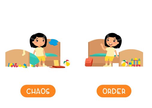 Opposites concept, CHAOS and ORDER. Childish word card for English learning vector template. Flashcard with antonyms.